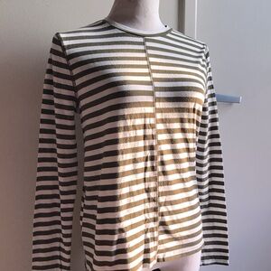 Banana Republic Striped Olive Green and White Long Sleeve Top S/P